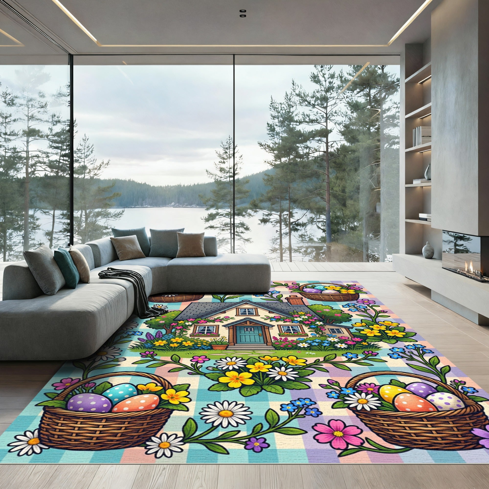 Charming Cottage Easter Floral Plaid Rug