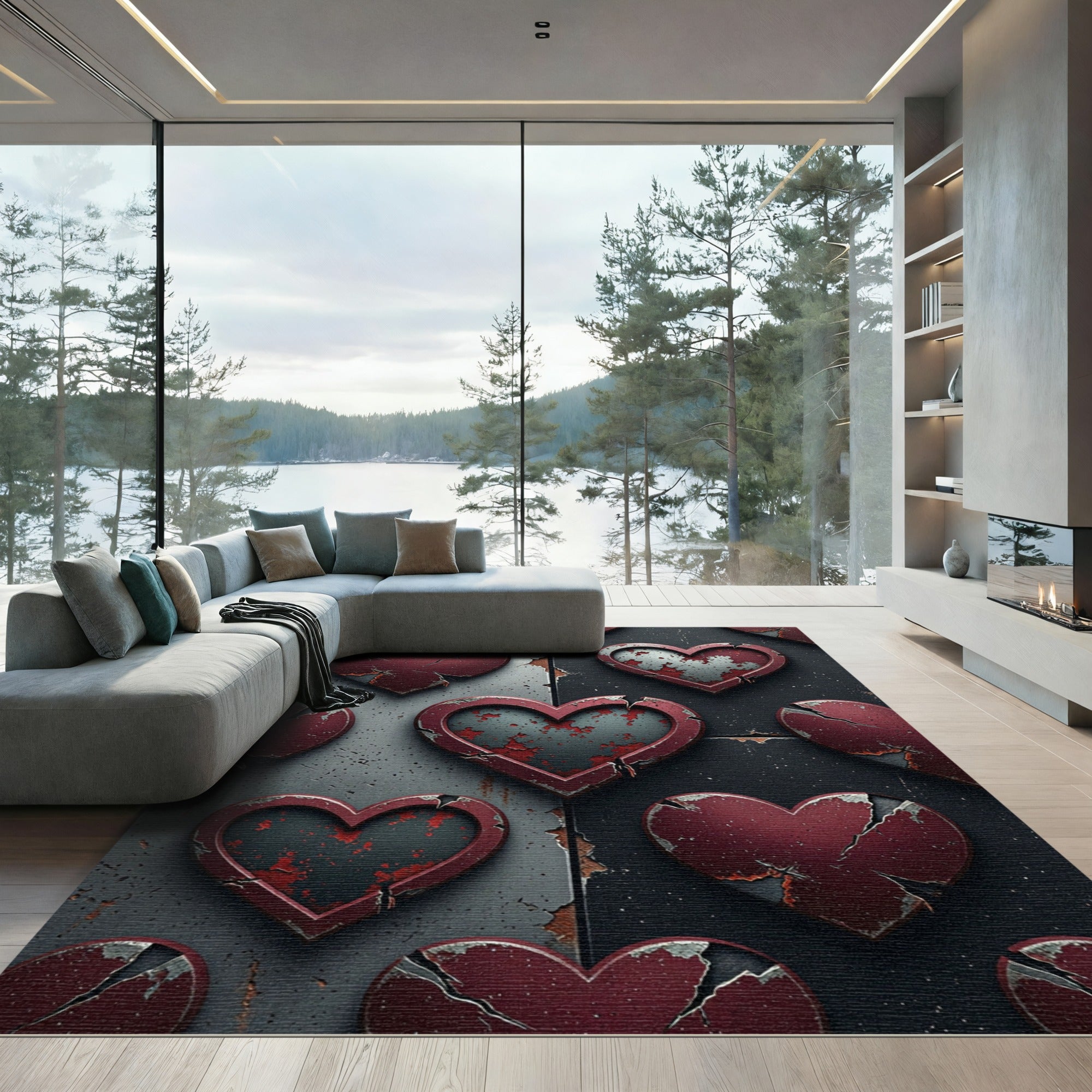 Cracked Hearts Red Metal Background Rug