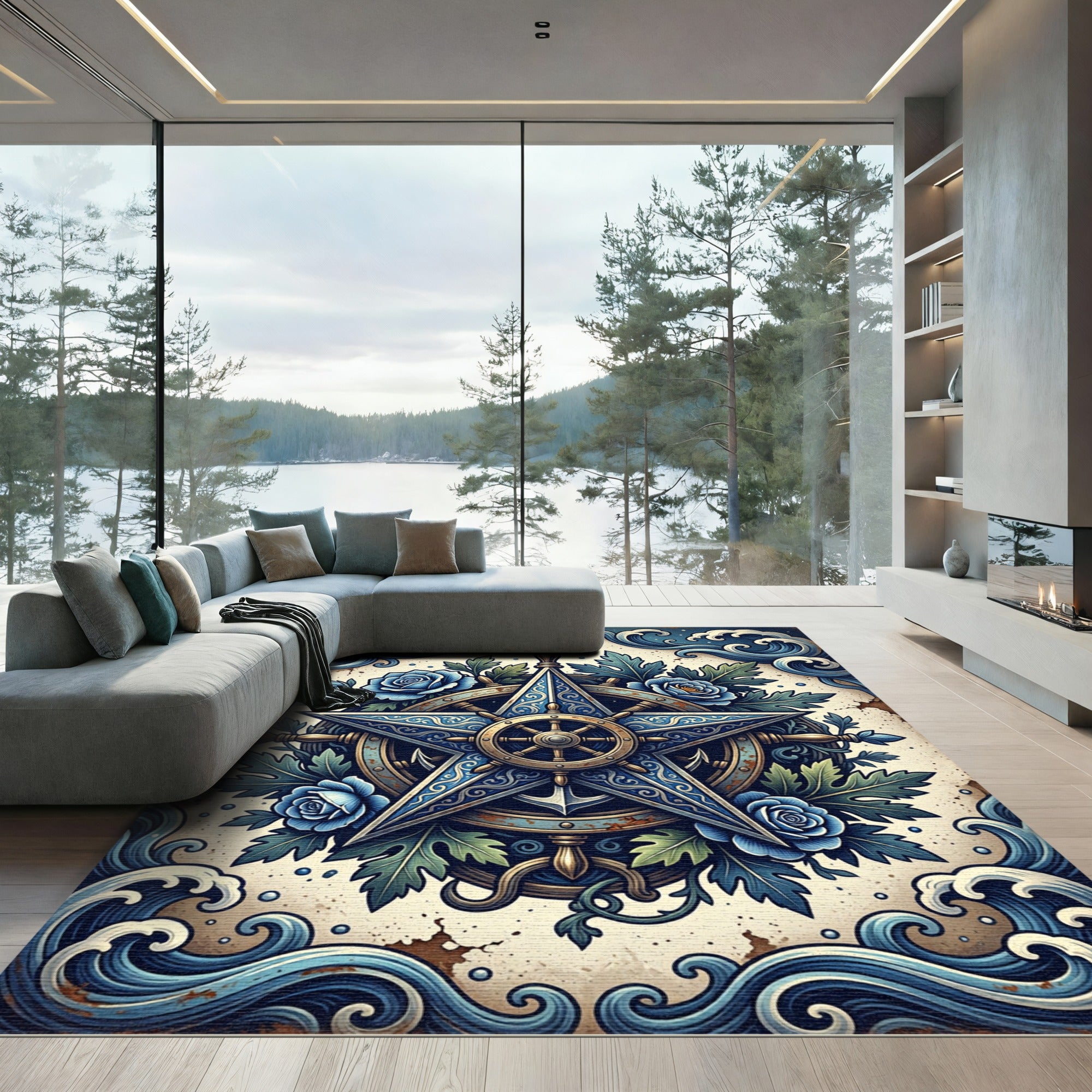 Nautical Star Rose Wave Art Rug