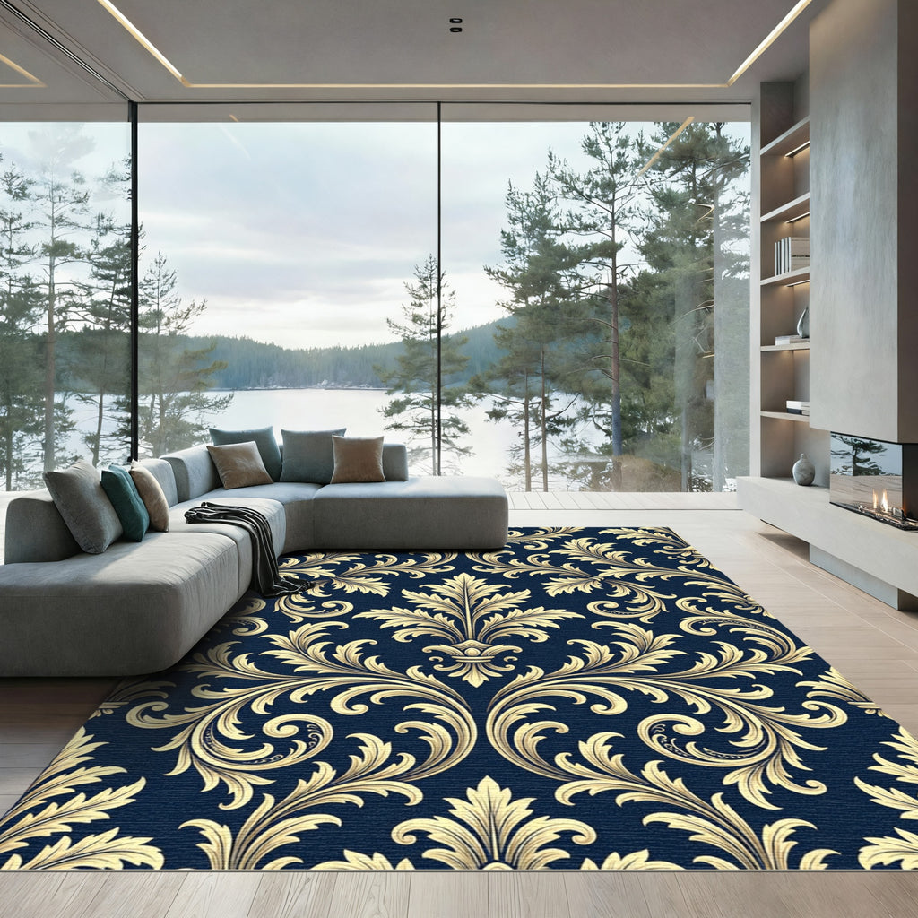 Elegant Gold Baroque Damask Navy Rug