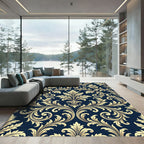Elegant Gold Baroque Damask Navy Rug