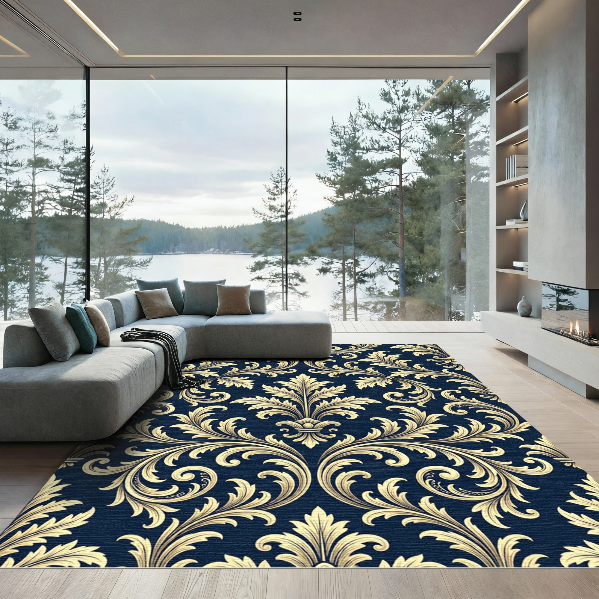 Elegant Gold Baroque Damask Navy Rug