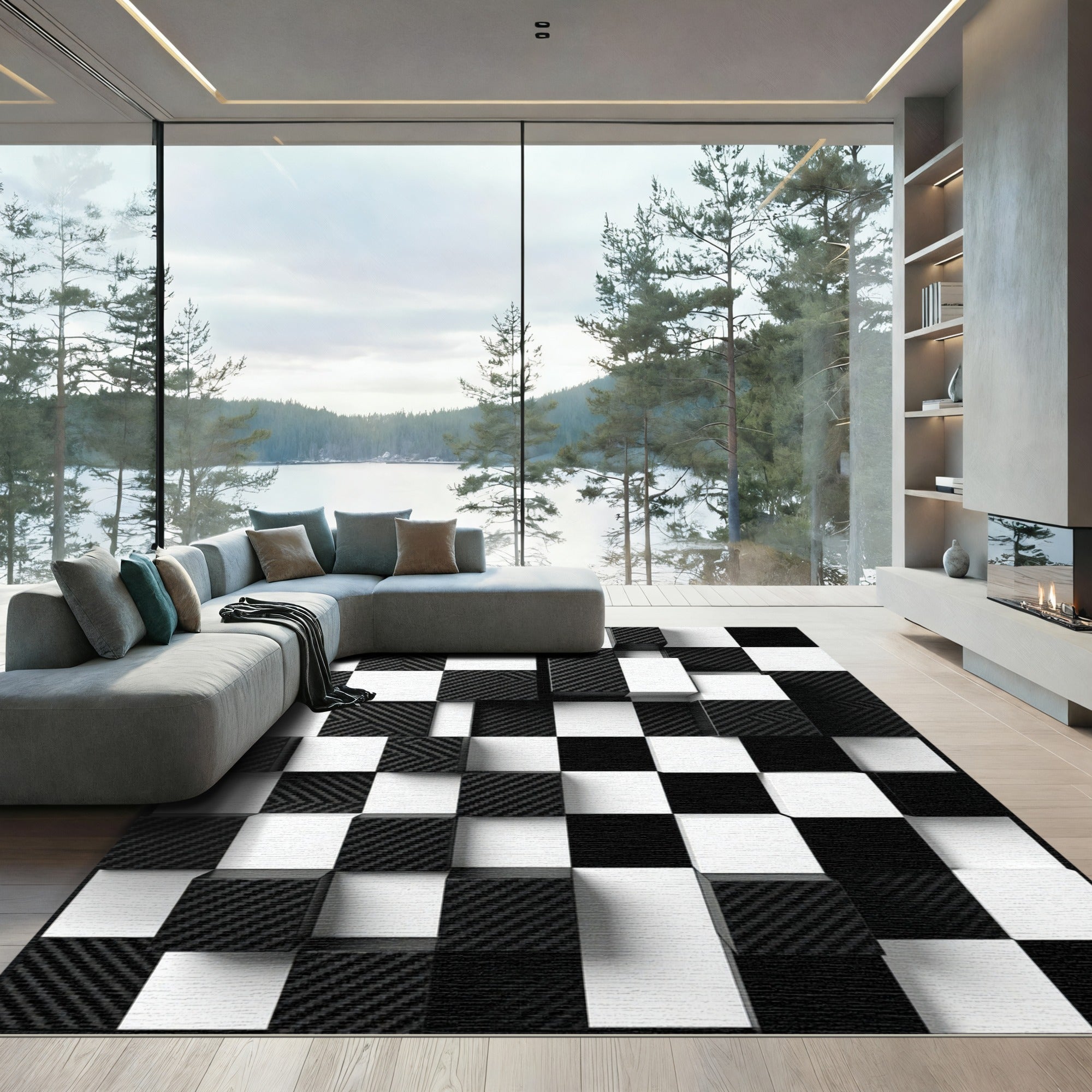 Black White Carbon Fiber Cubes Rug