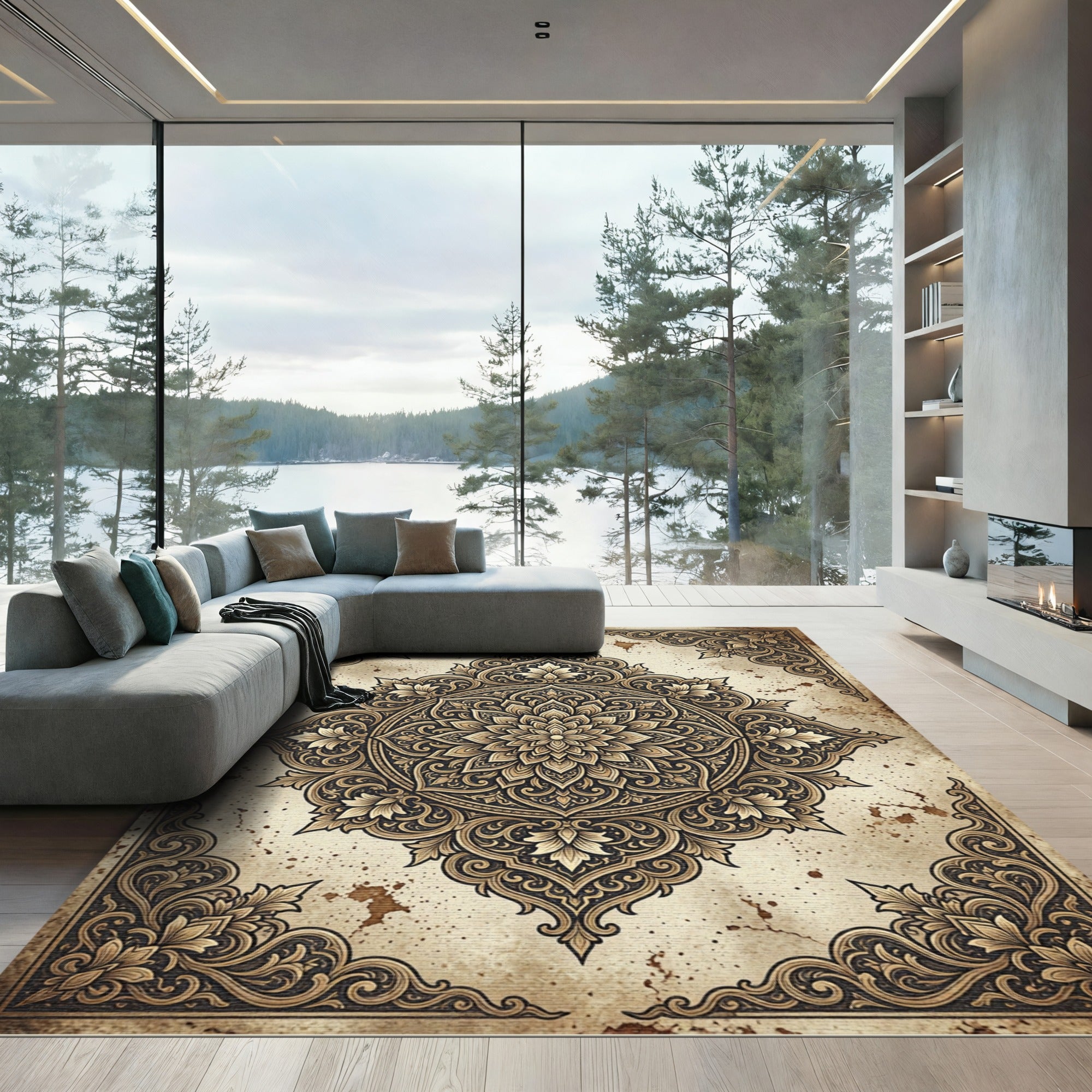 Antique Golden Floral Medallion Scrollwork Rug