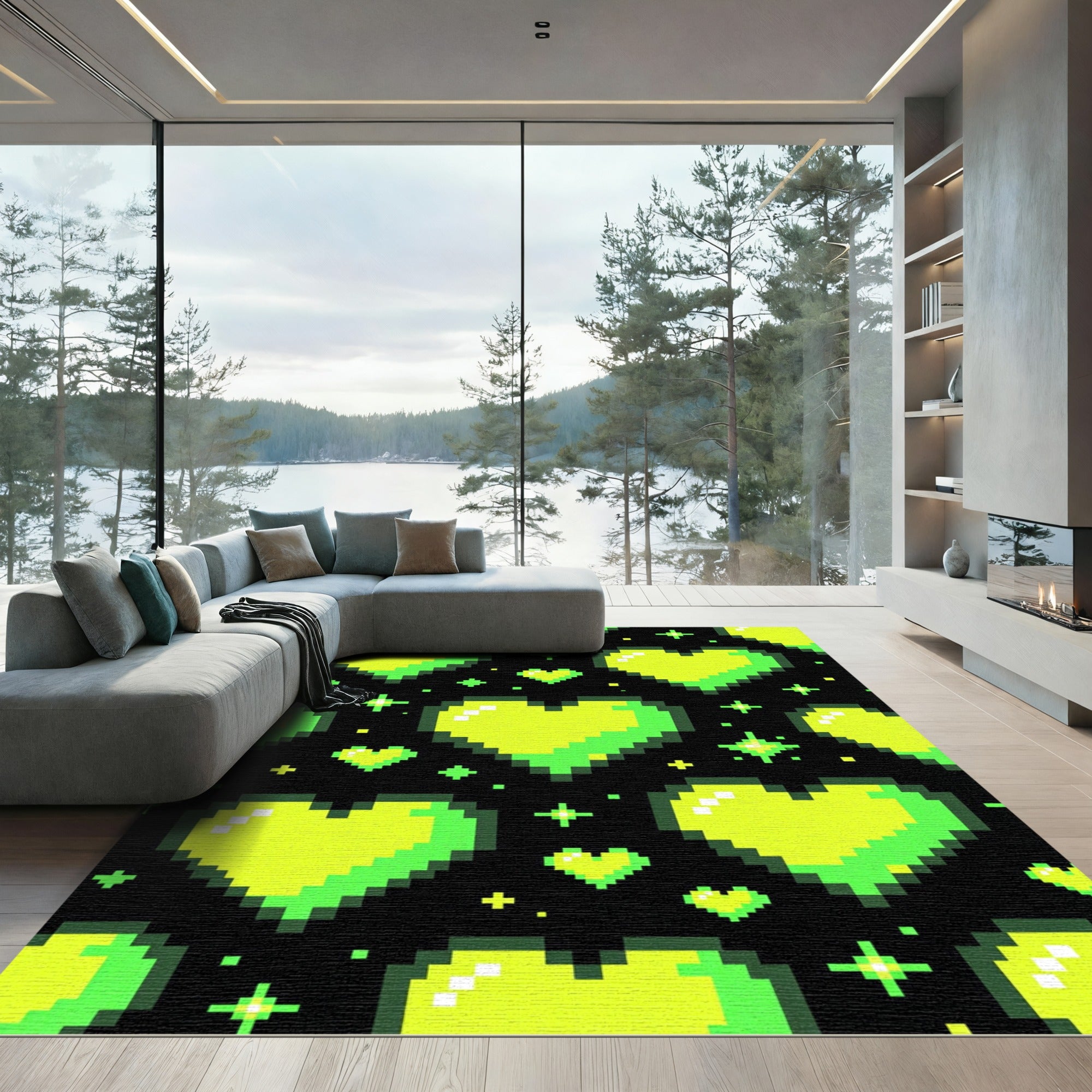Neon Pixel Heart Glowing Glow Rug