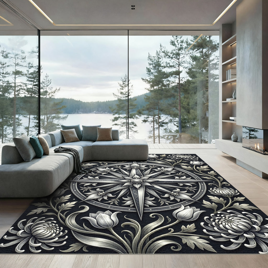 Classic Silver Compass Floral Embroidery Rug