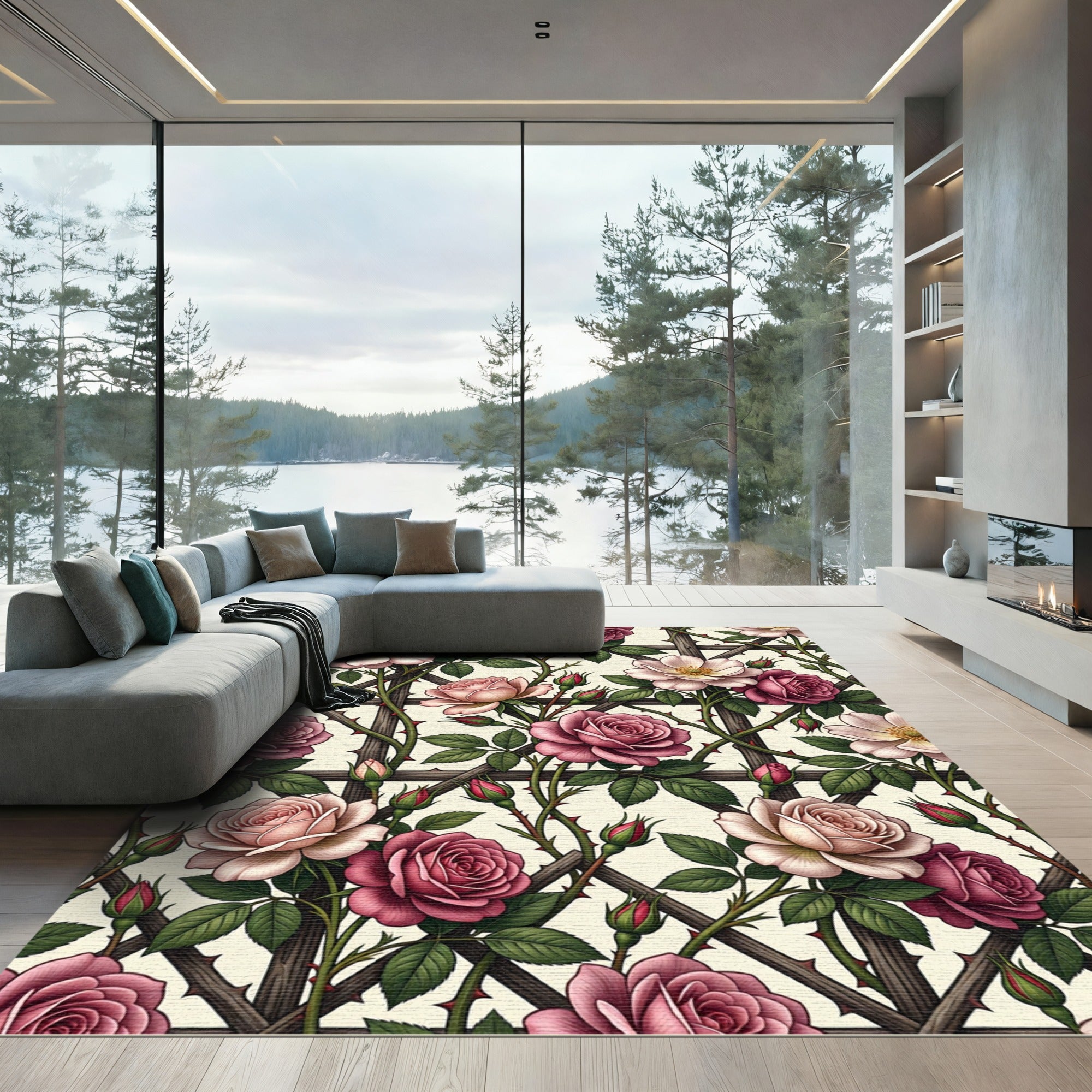 Romantic Dusty Rose Trellis Garden Rug