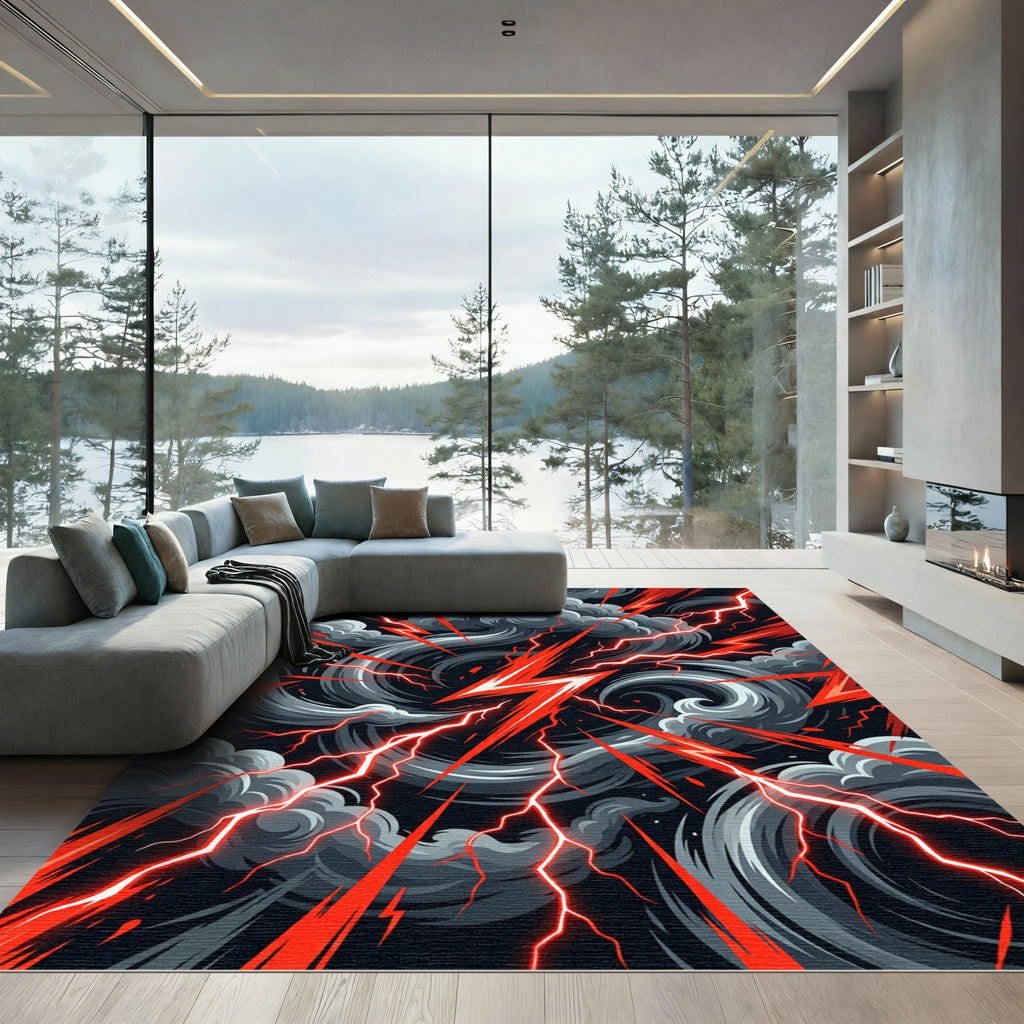 Intense Red Lightning Storm Rug