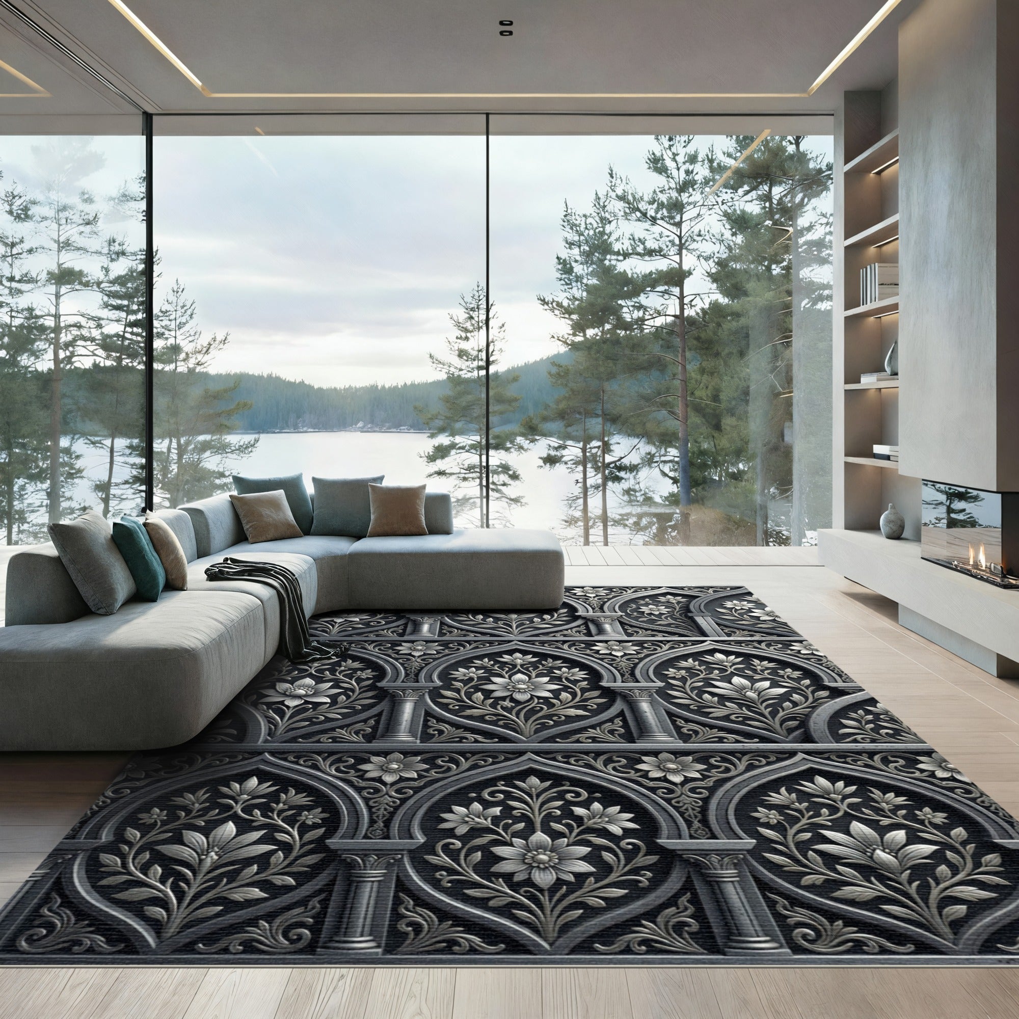 Gray Ornate Floral Arch Relief Rug