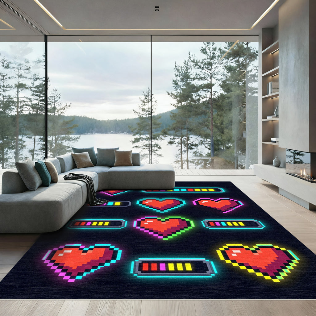 Neon Pixel Heart Retro Gaming Art Rug