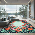 Whimsical Coral Poppy Garden Border Rug