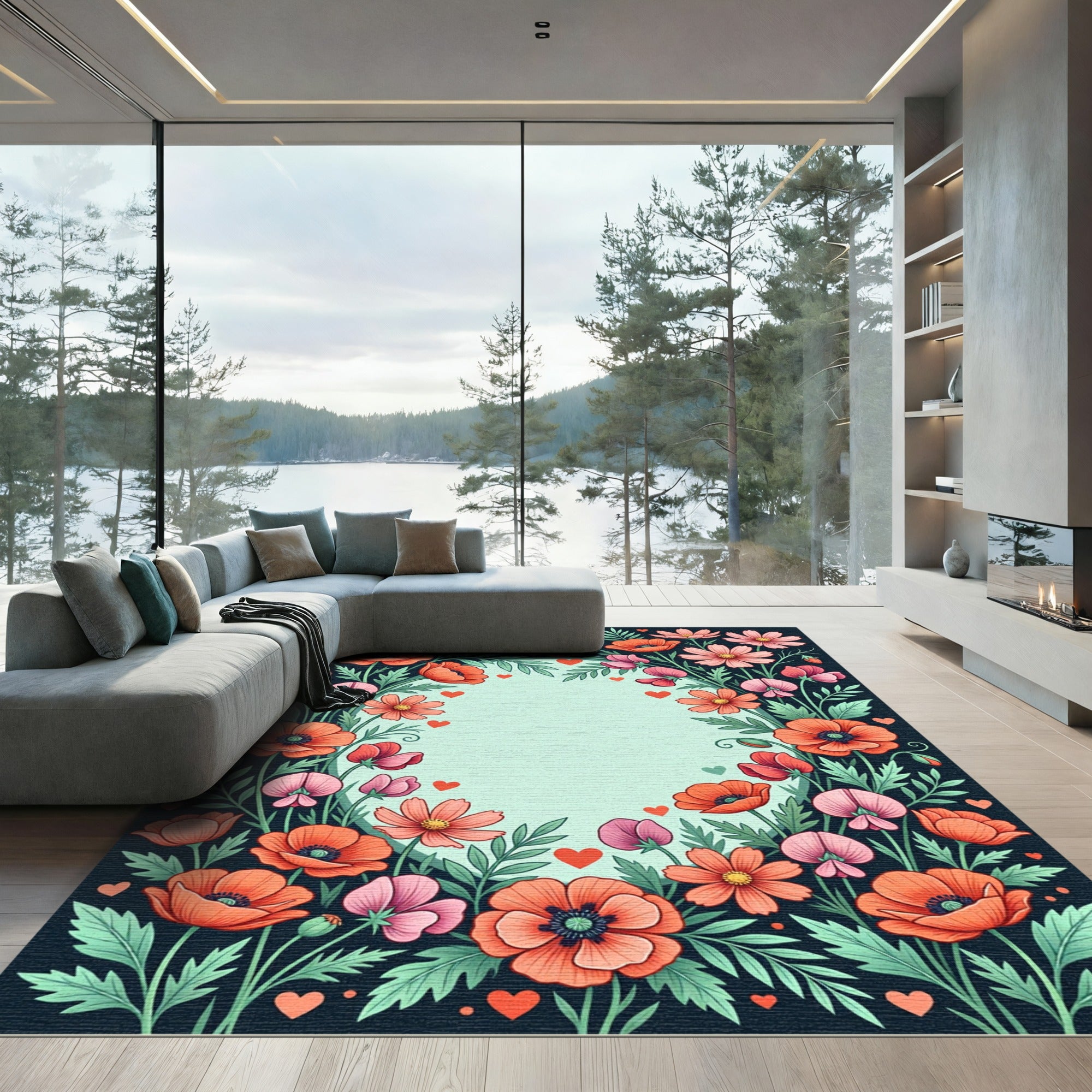 Whimsical Coral Poppy Garden Border Rug