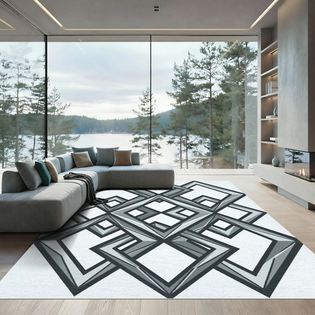 Modern Monochrome Interlocking Geometric Diamond Rug