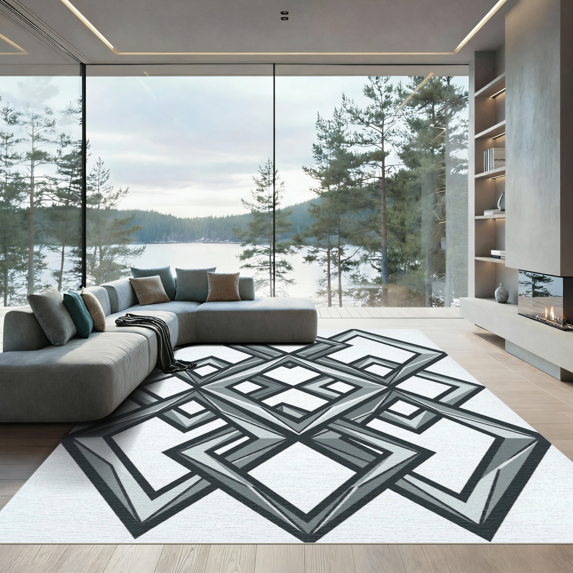 Modern Monochrome Interlocking Geometric Diamond Rug