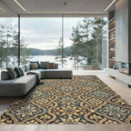 Elegant Gold and Blue Damask Scroll Rug