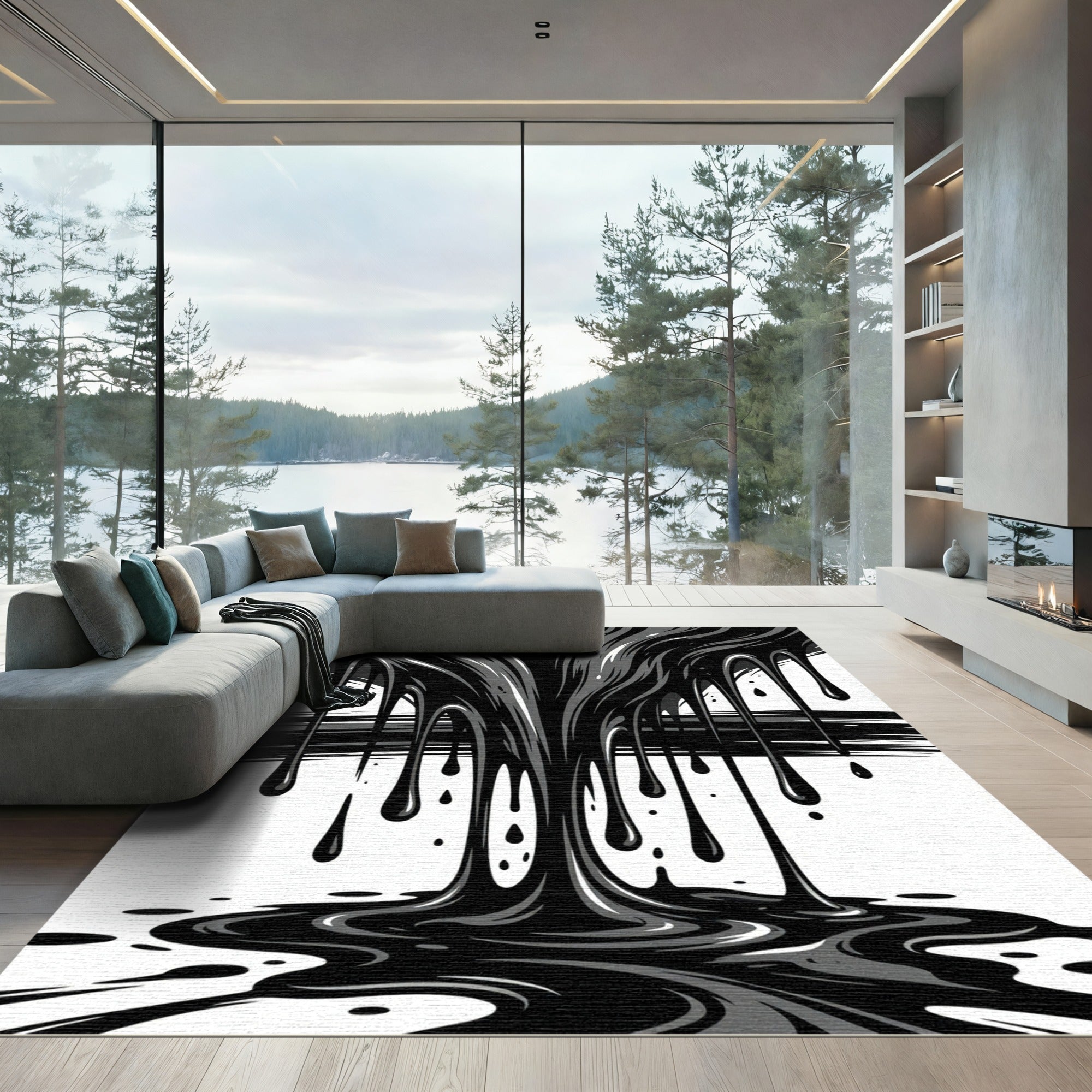 Abstract Black Liquid Ink Drip Rug
