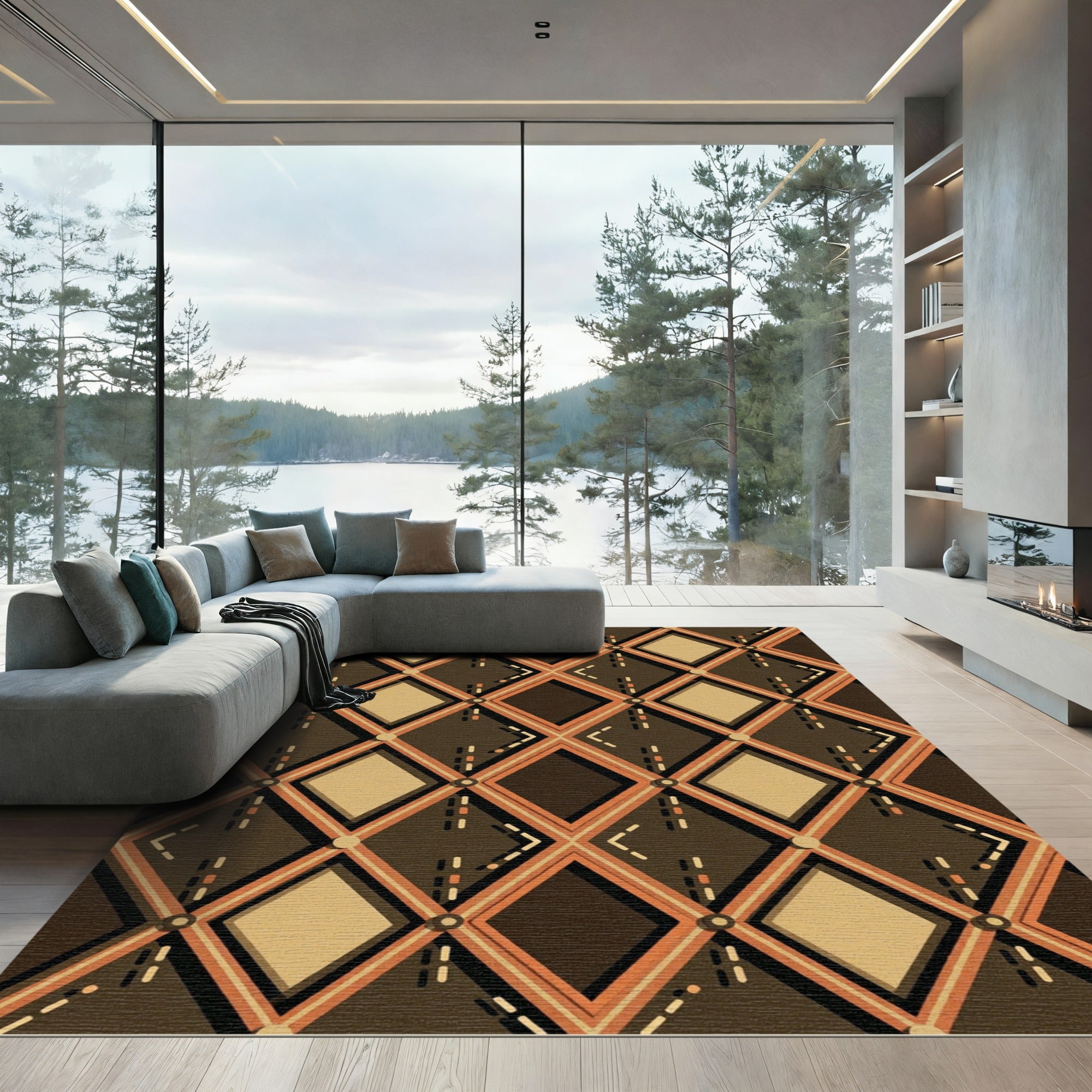 Mid-Century Bronze Geometric Diamond Lattice Rug