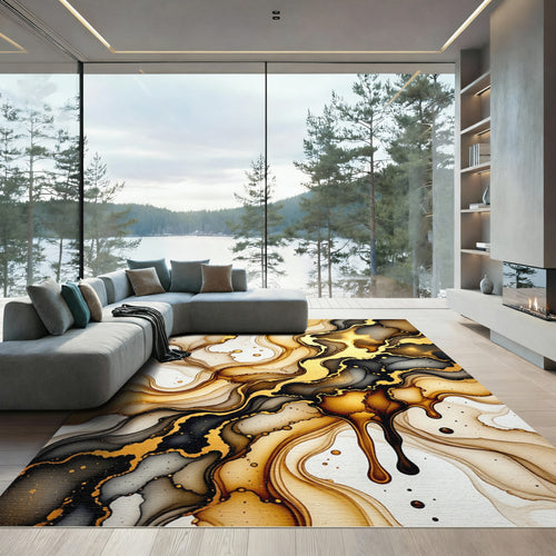 Abstract Gold and Black Fluid Wave Rug