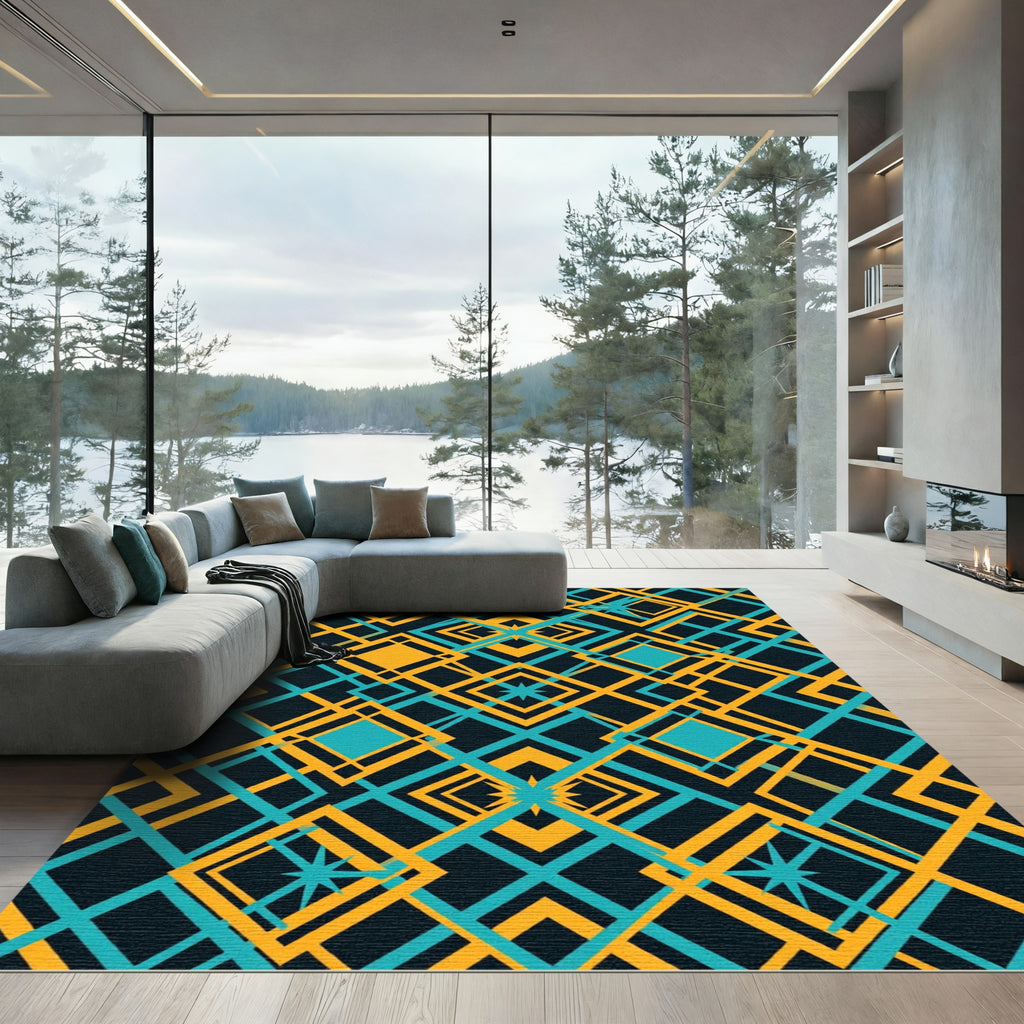 Geometric Teal and Amber Diamond Lattice Rug