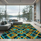 Geometric Teal and Amber Diamond Lattice Rug