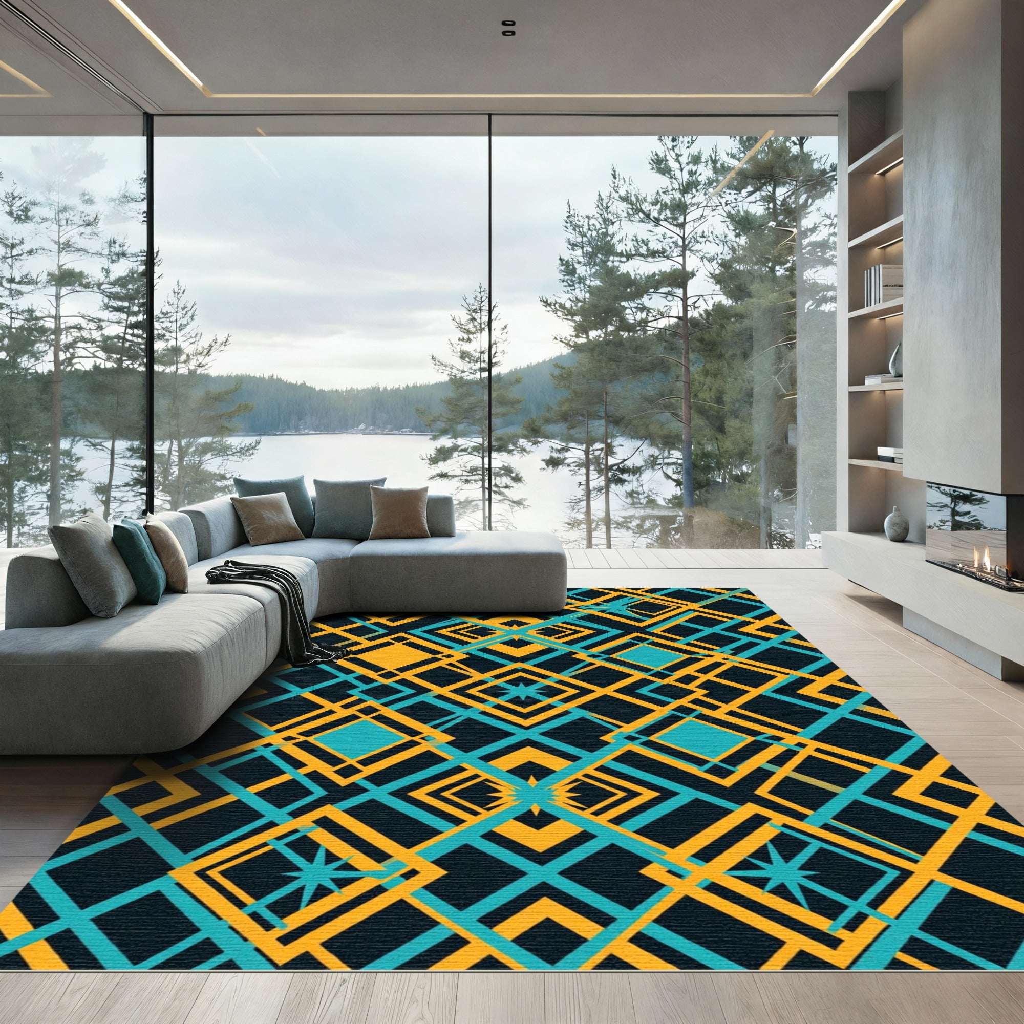 Geometric Teal and Amber Diamond Lattice Rug
