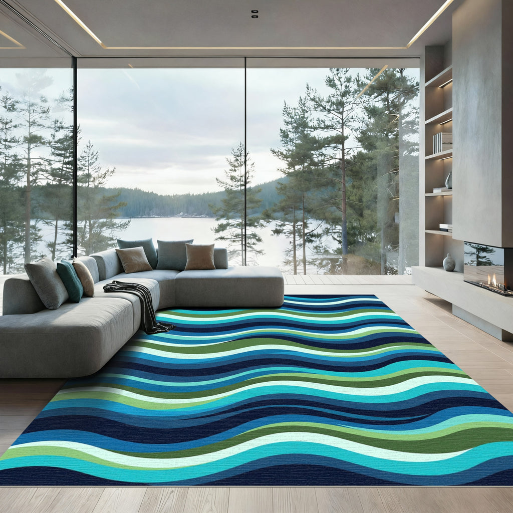 Modern Navy and Teal Wavy Stripe Rug