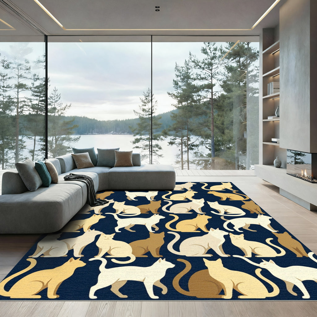 Charming Minimalist Feline Cream Navy Illustration Rug
