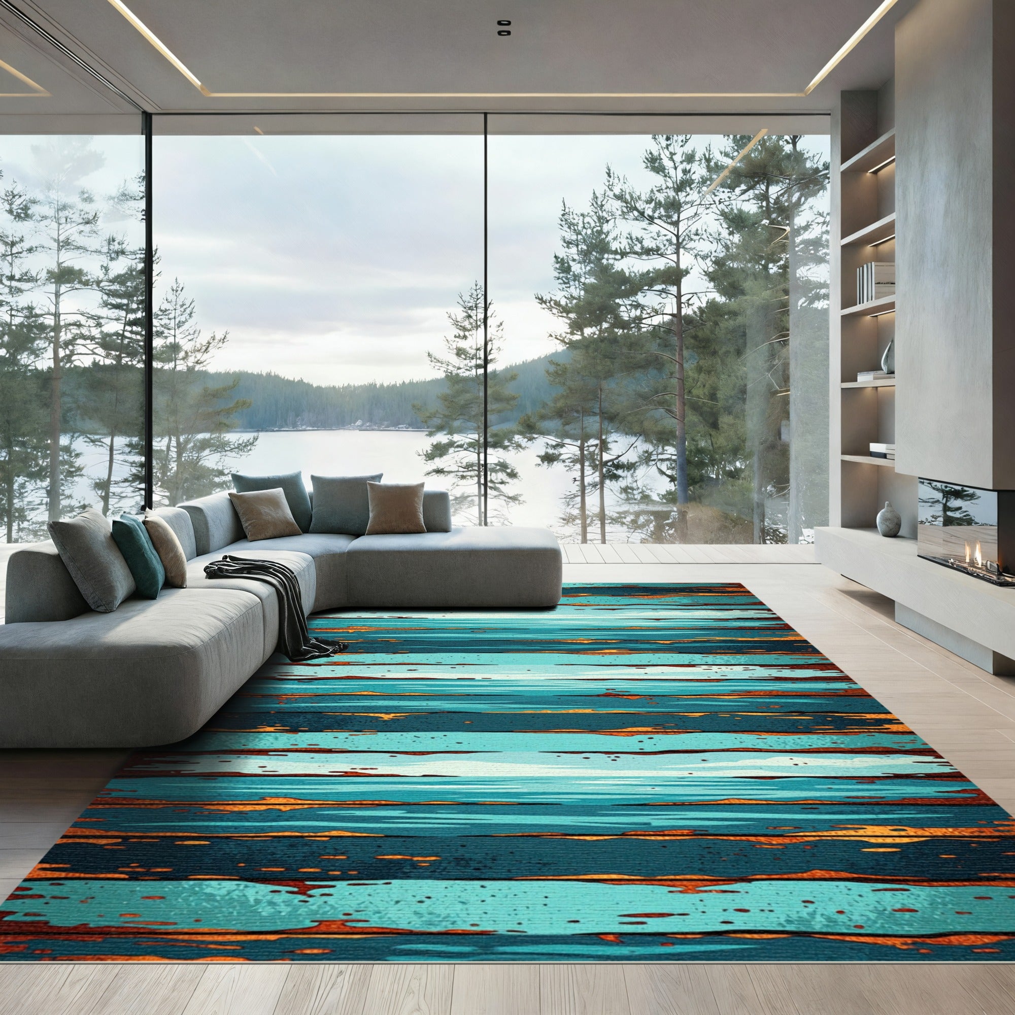 Coastal Blue Wood Plank Stripe Rug