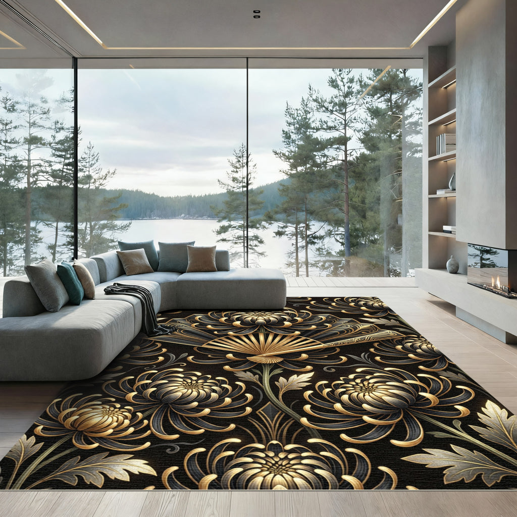 Elegant Gold and Charcoal Chrysanthemum Fan Rug