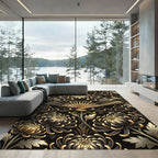 Elegant Gold and Charcoal Chrysanthemum Fan Rug