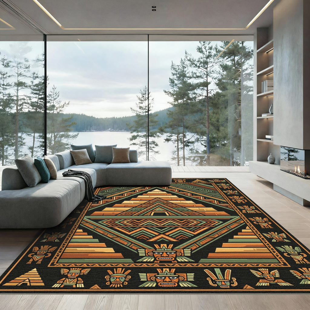 Ancient Aztec Pyramid Tribal Figures Rug