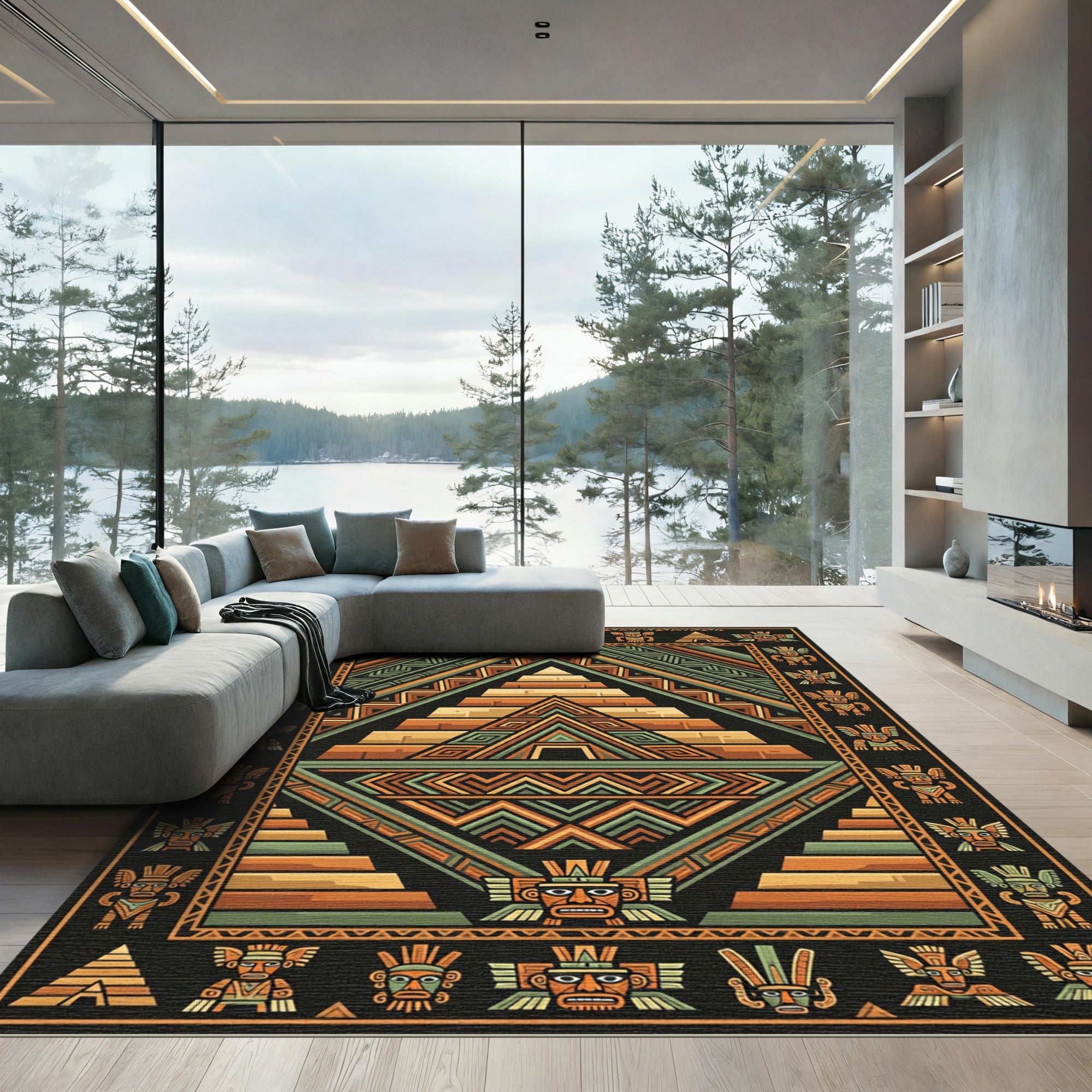 Ancient Aztec Pyramid Tribal Figures Rug