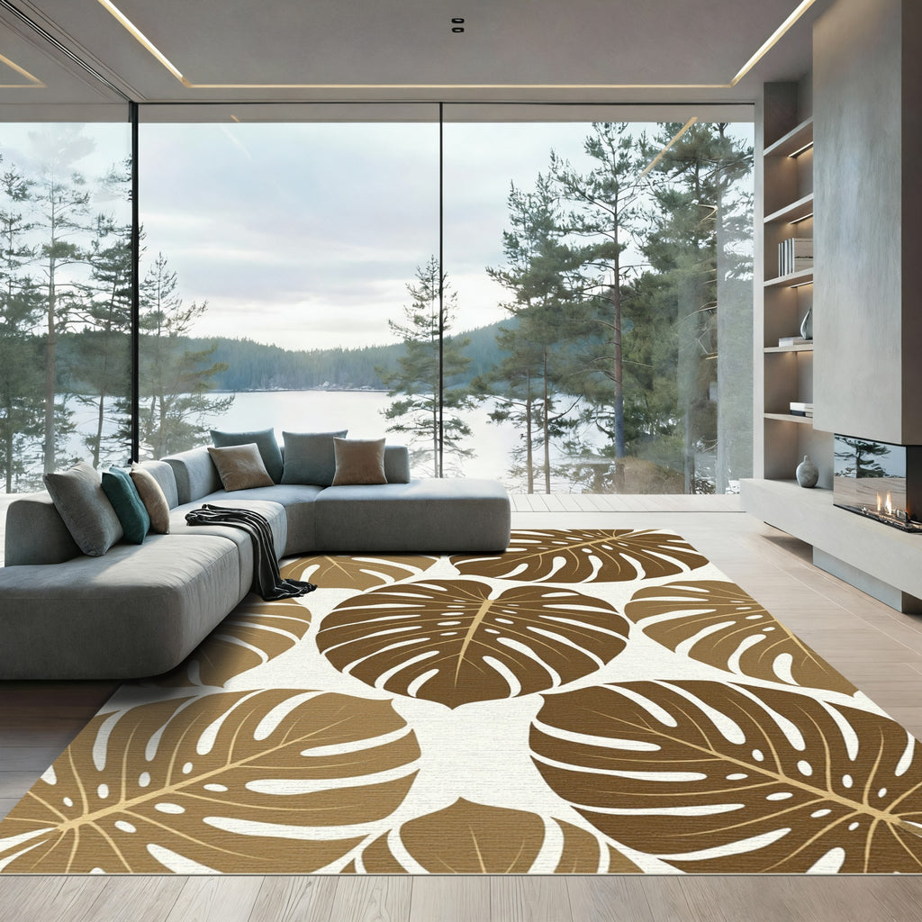 Modern Brown Tropical Monstera Leaves Rug