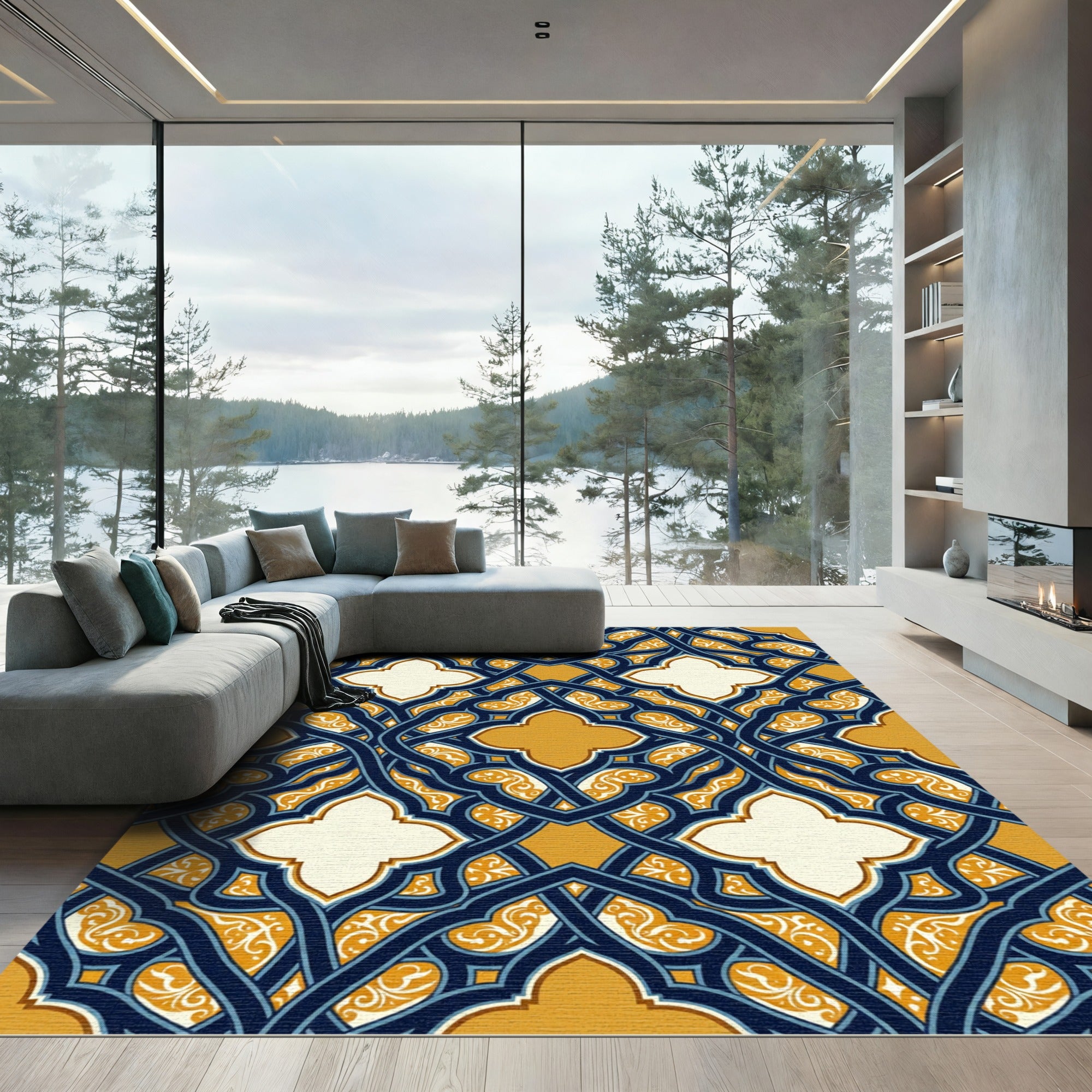 Midnight Blue and Ochre Interlocking Tile Rug