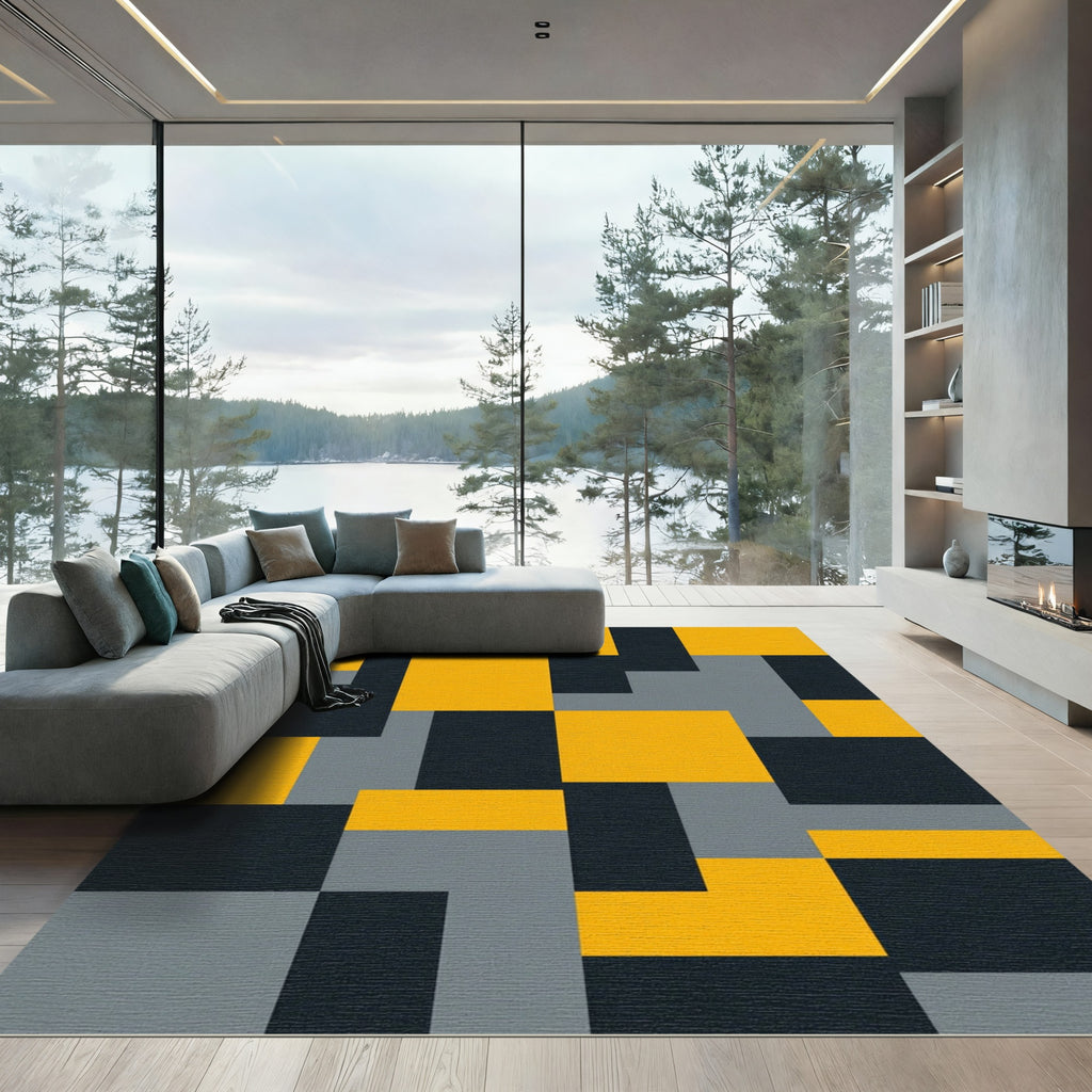 Modern Yellow Gray Black Blocks Rug