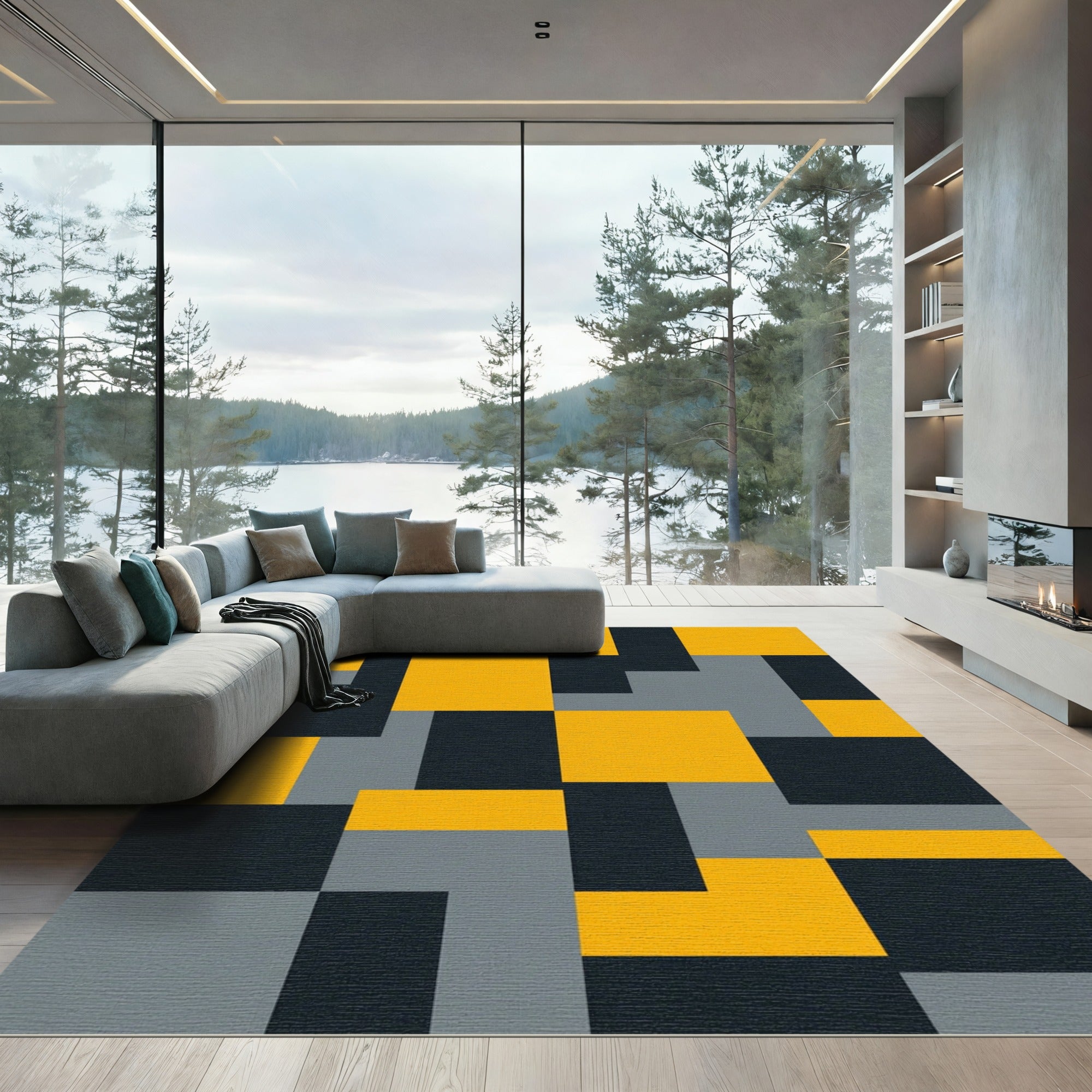 Modern Yellow Gray Black Blocks Rug