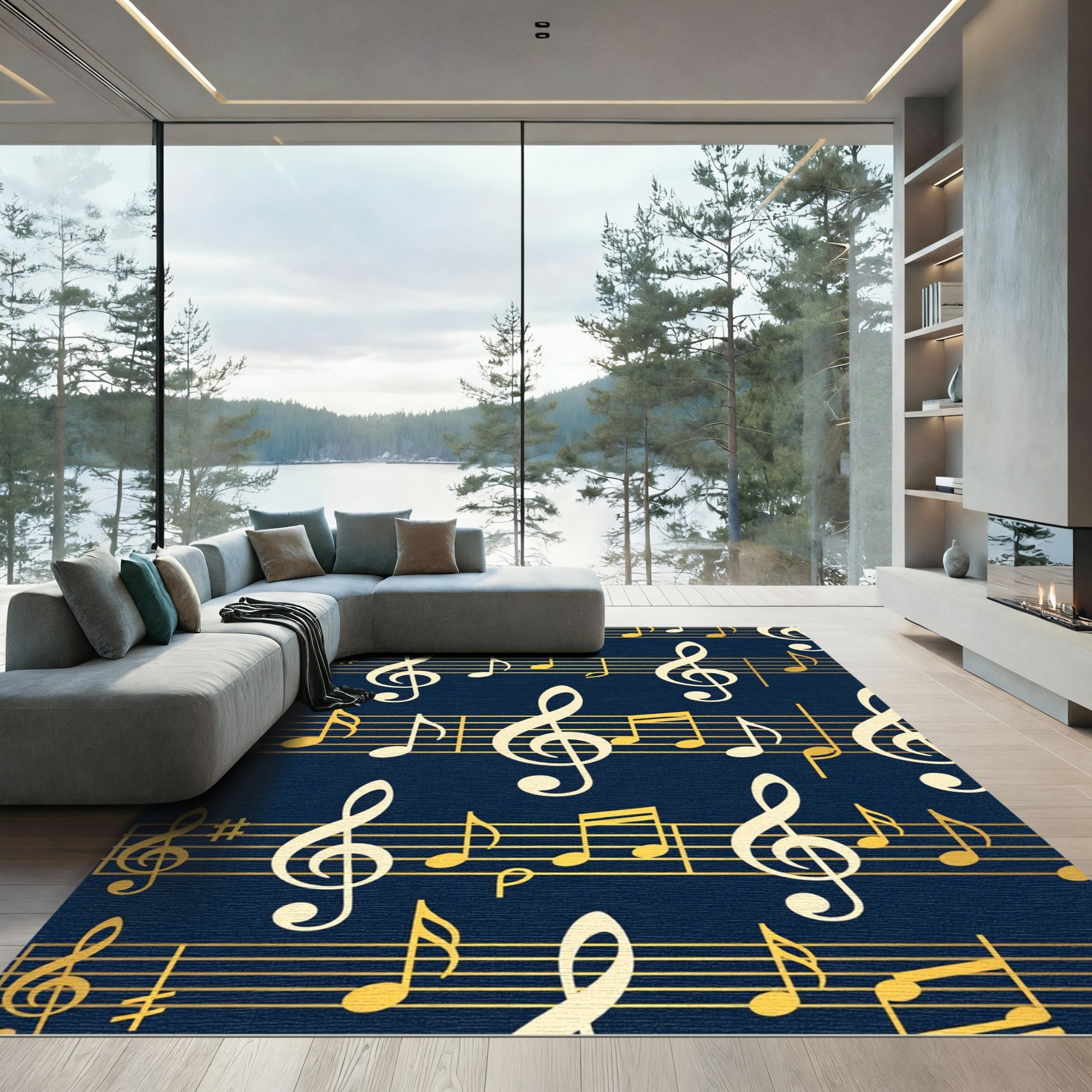 Golden Treble Clef Navy Musical Notes Rug