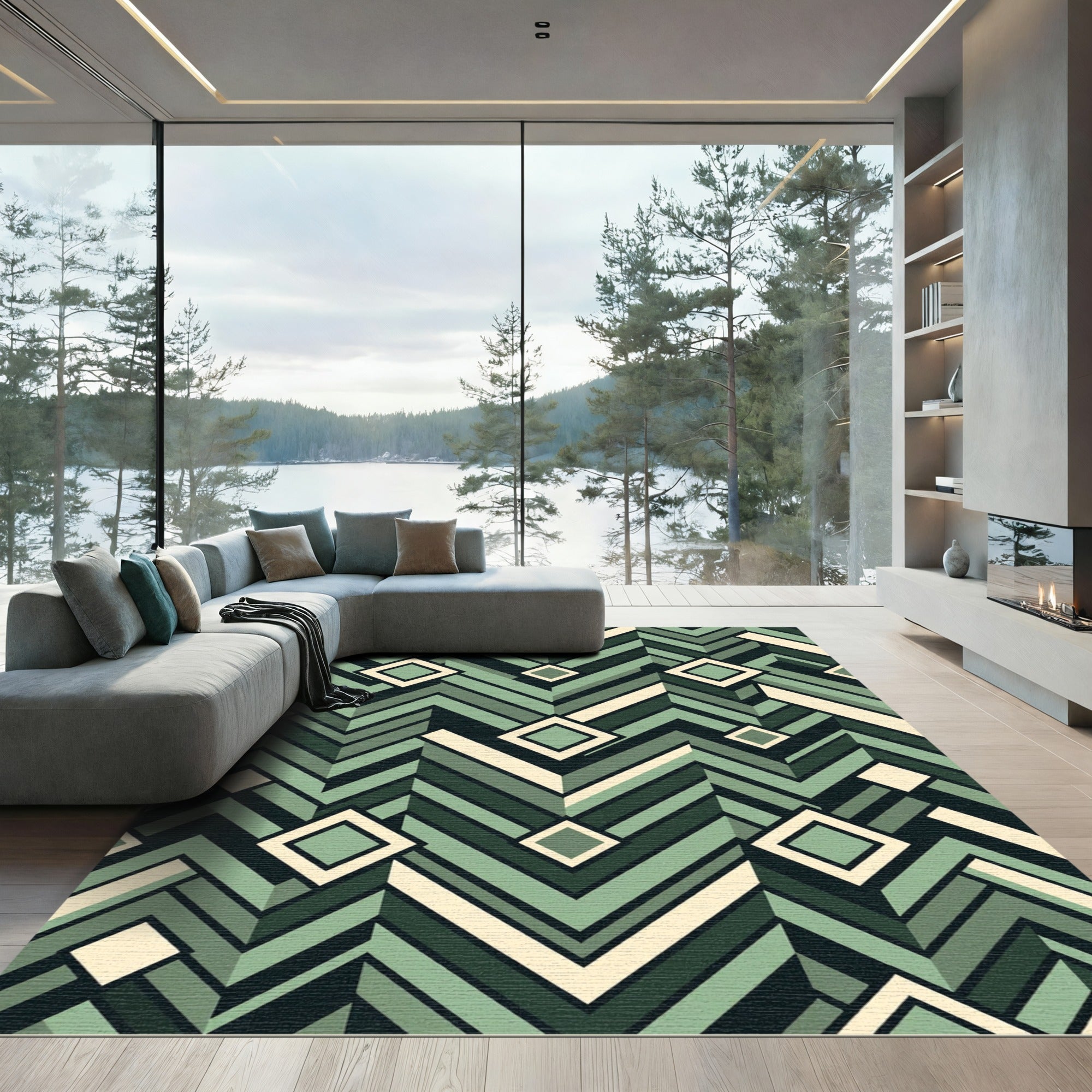 Geometric Sage Chevron Diamond Layered Rug