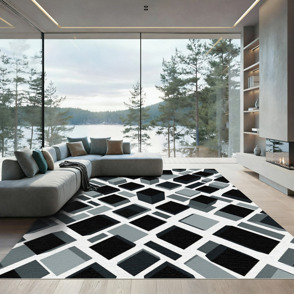 Monochrome Geometric Cubist Block Perspective Rug