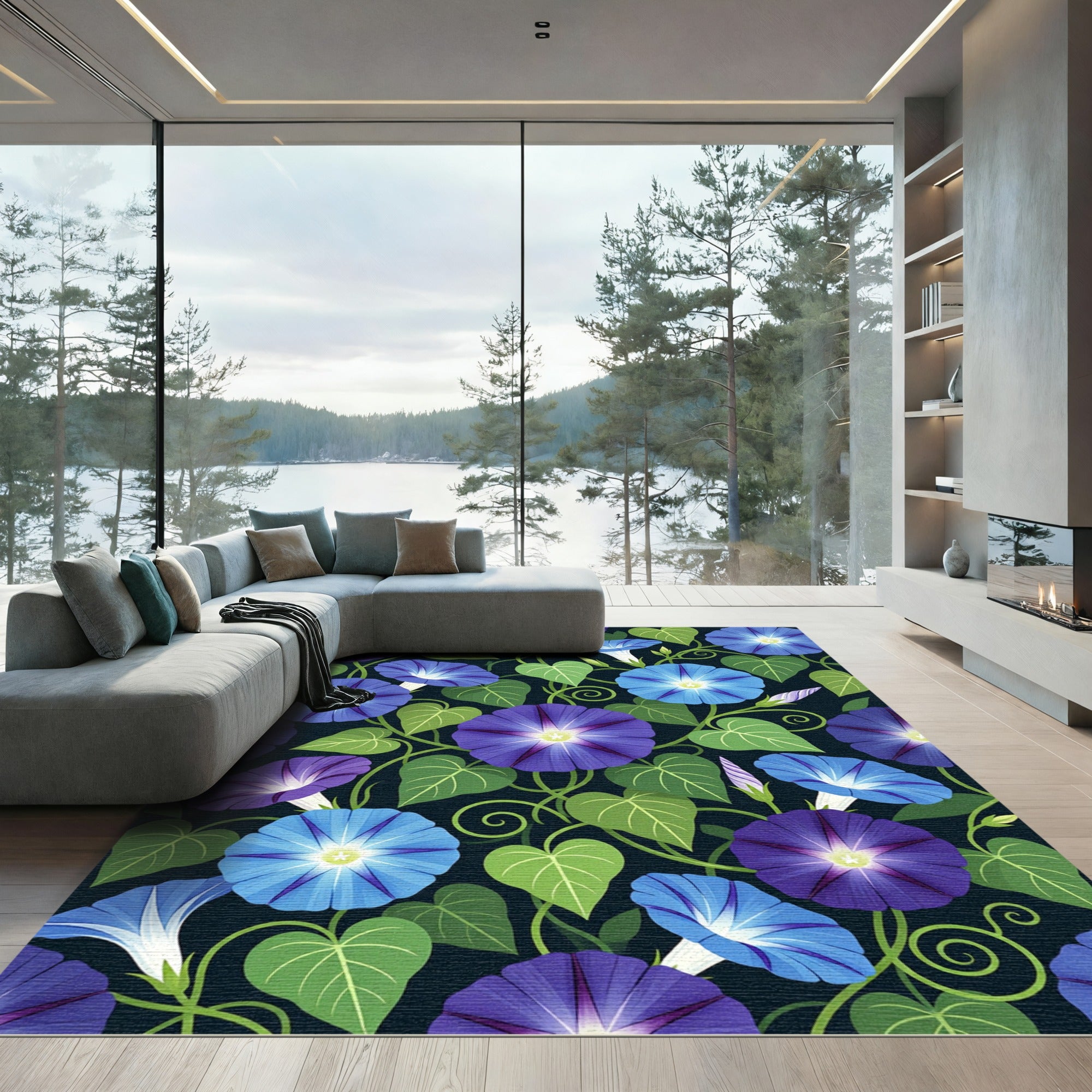 Vibrant Blue Morning Glory Botanical Rug