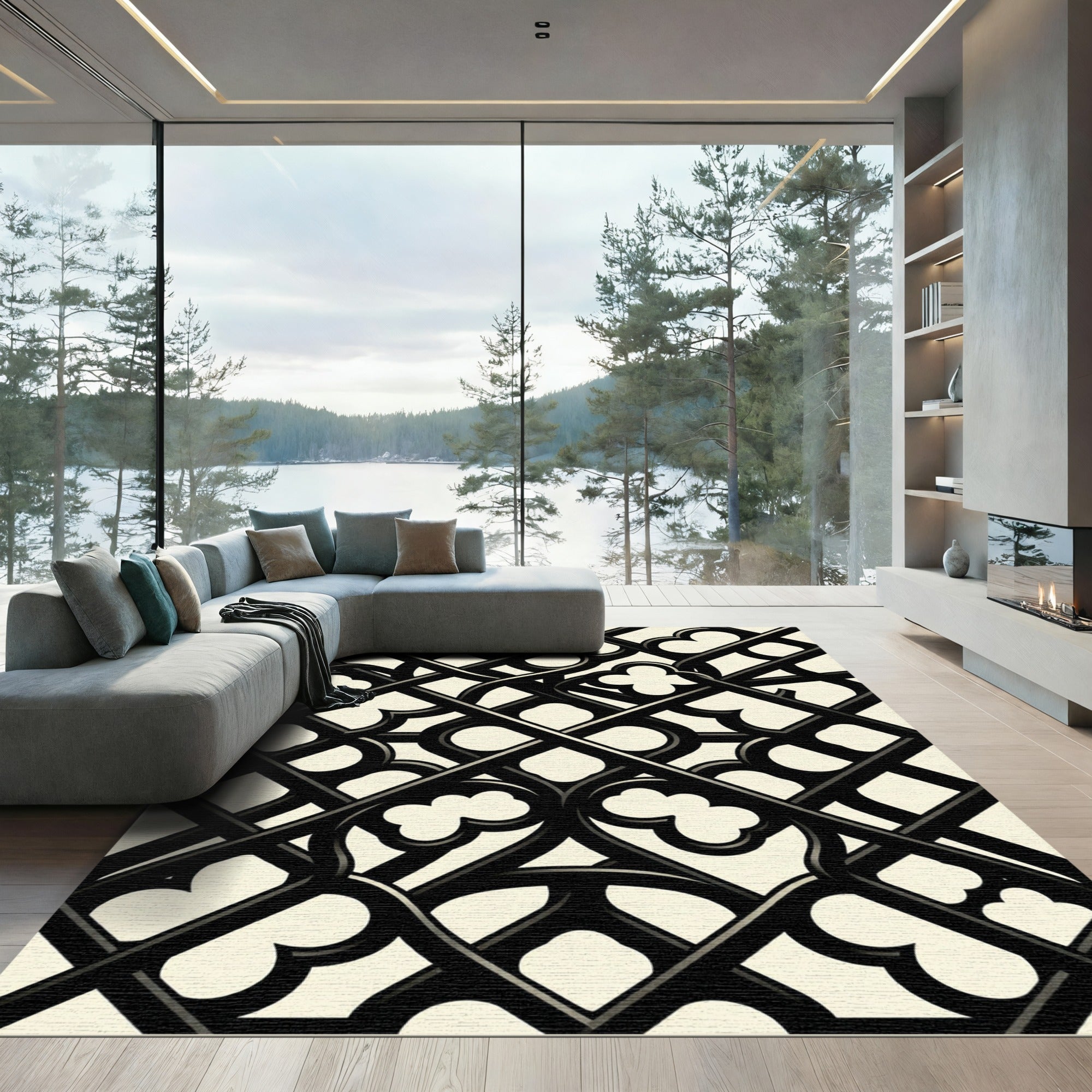 Monochrome Geometric Gothic Trellis Rug