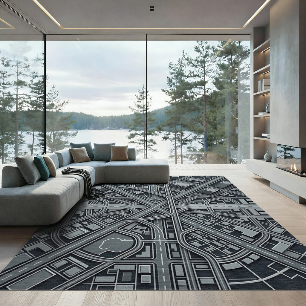 Gray Abstract Cityscape Aerial View Rug