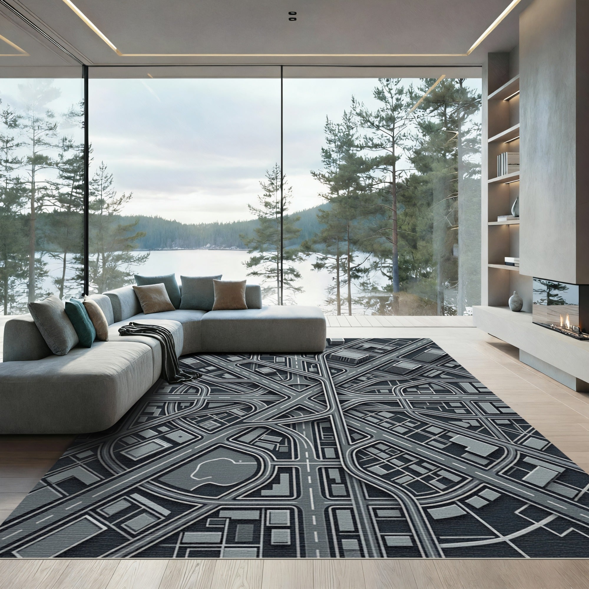 Gray Abstract Cityscape Aerial View Rug