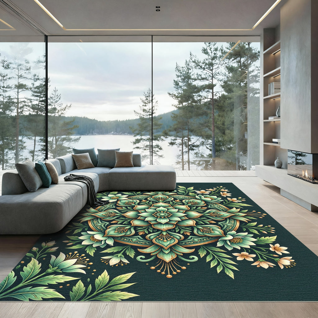 Emerald Floral Medallion Boho Garden Rug