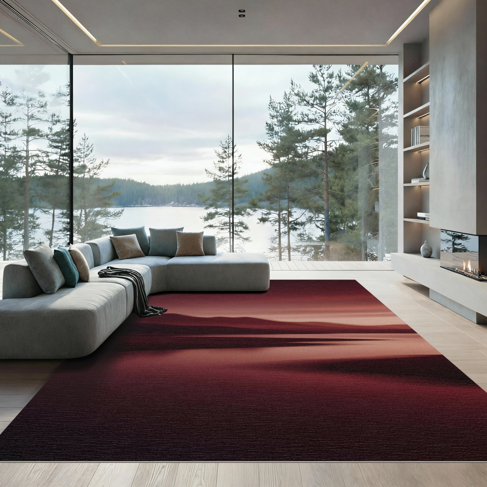 Minimalist Crimson Mountain Horizon Gradient Rug