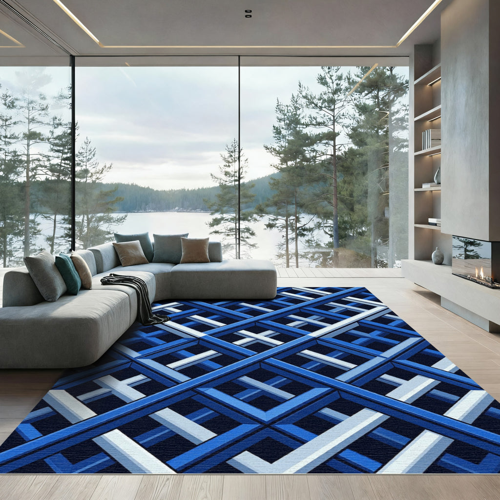 Deep Blue Interlocking Geometric Rug