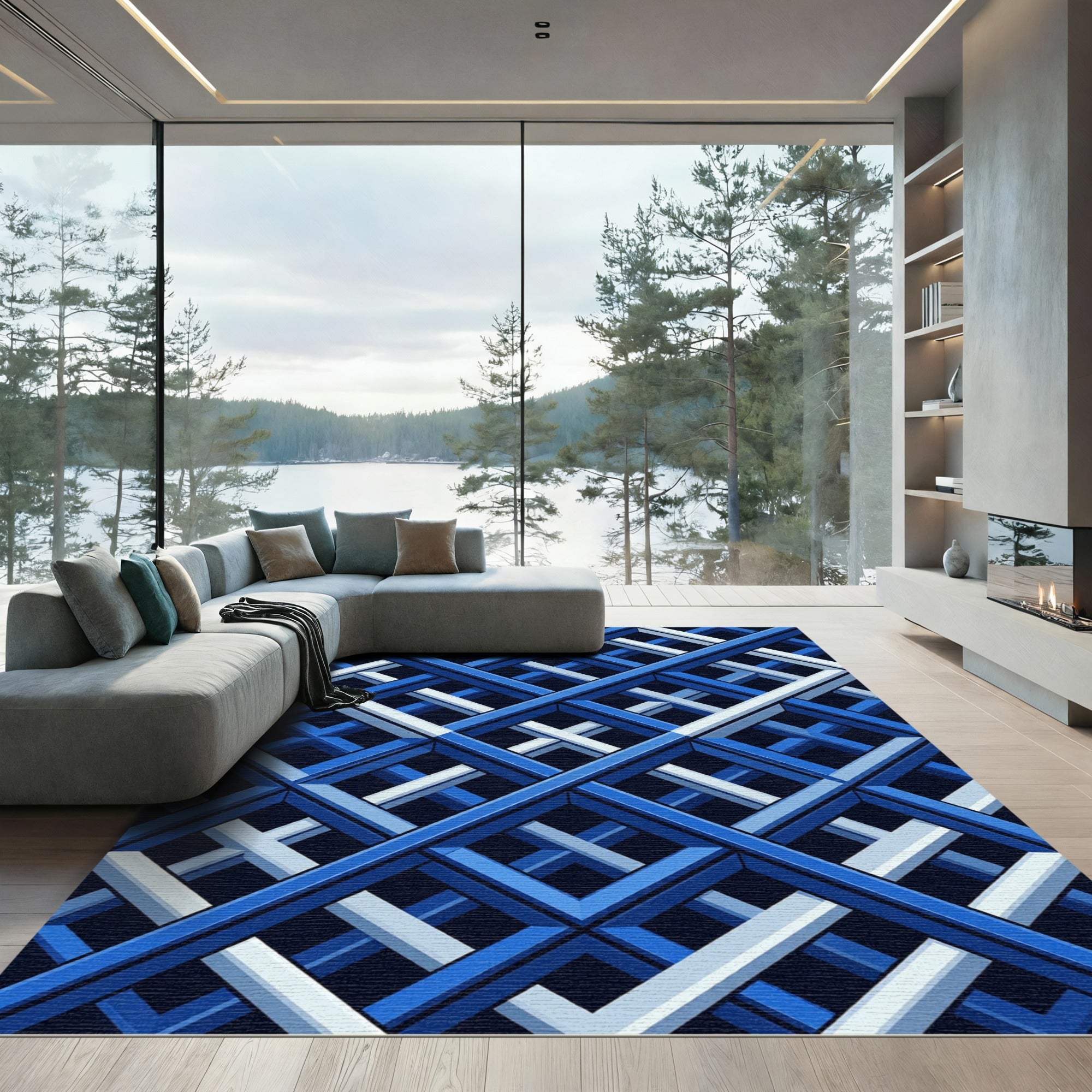 Deep Blue Interlocking Geometric Rug