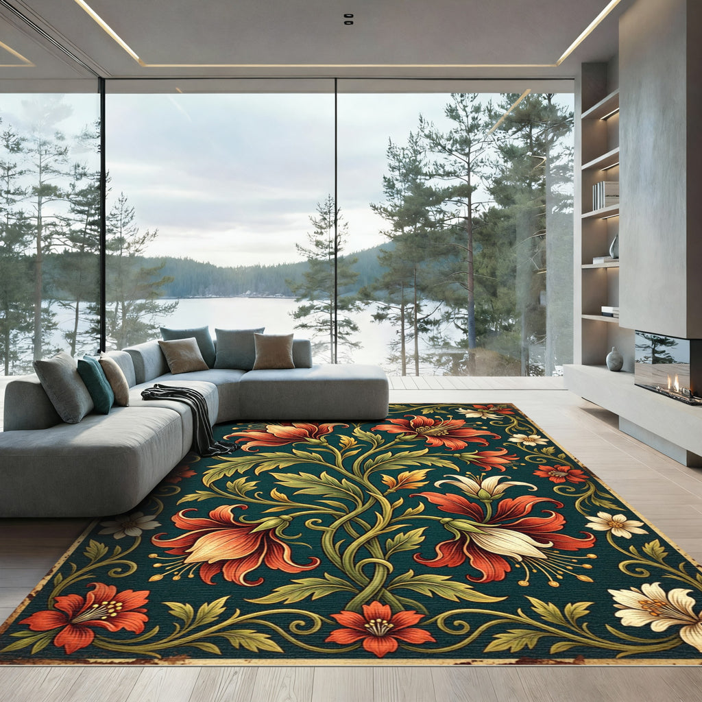 Vintage Red Floral Teal Botanical Rug