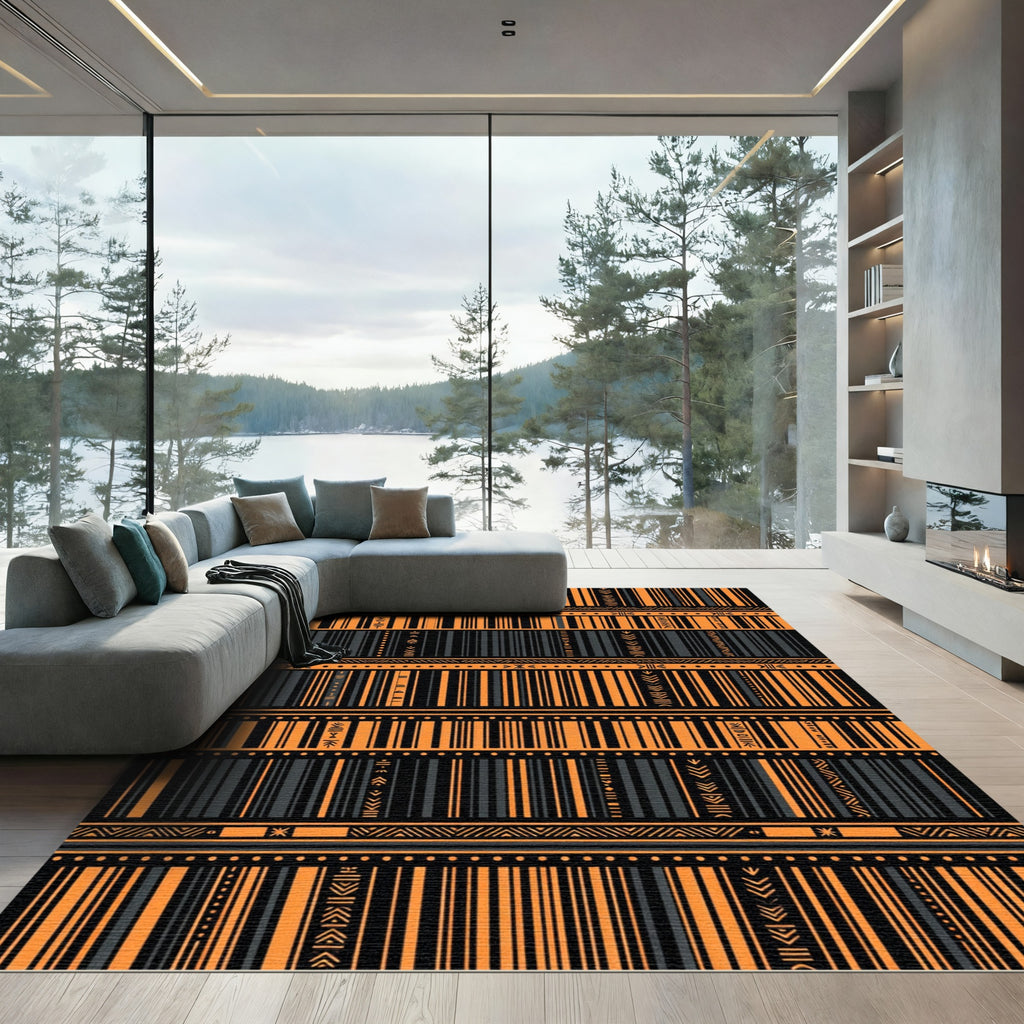 Bold Orange and Charcoal Tribal Striped Rug