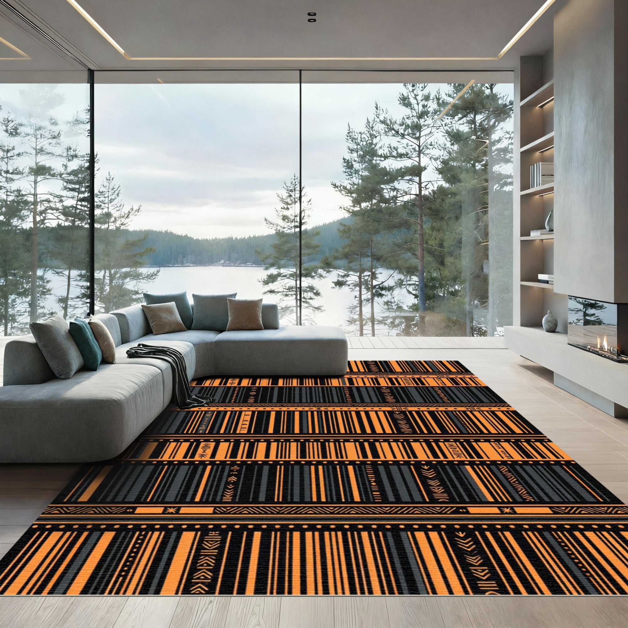 Bold Orange and Charcoal Tribal Striped Rug
